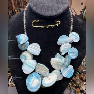 Barse Blue Agate Geode Slice Necklace Featuring Polished Quartz Slices